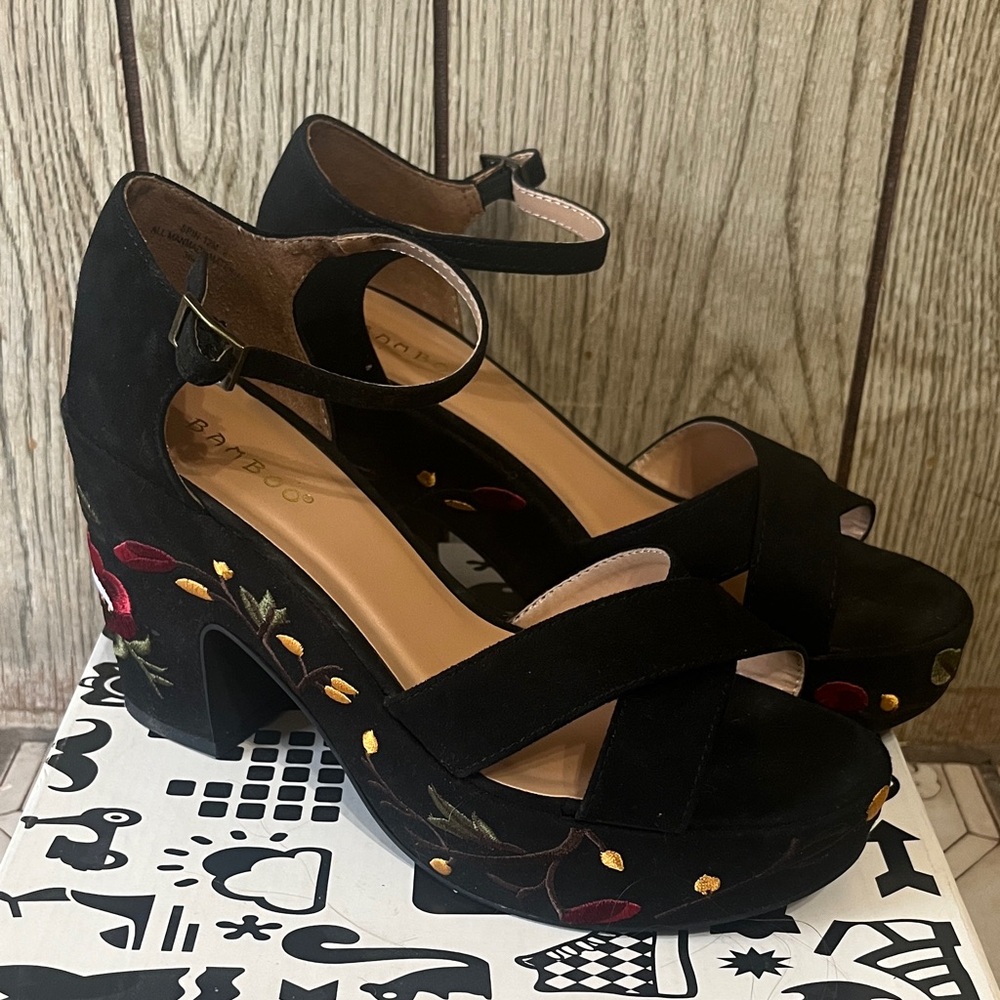 Black Embroidered Platform Heels